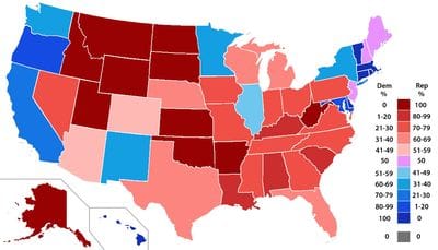 Percent of members of the House of Representatives from each party by state.