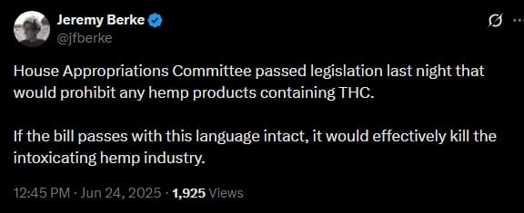 Tweet on intoxicating hemp ban.